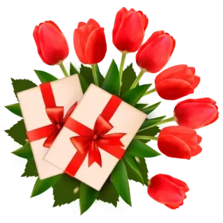 🌹 ทิวลิป, ดอกไม้, ของขวัญ, ช่อดอกไม้, สีแดง, ฤดูใบไม้ผลิ, ธรรมชาติ telegram sticker