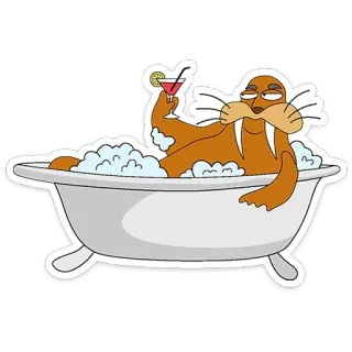 🍸 walrus, bathtub, cartoon, animal, relaxation, drinking, cocktail telegram sticker