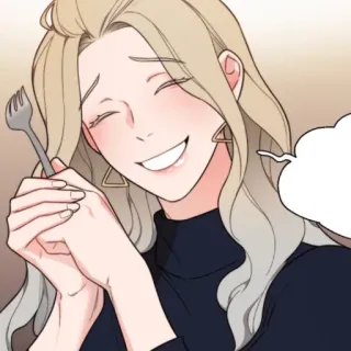 🍰 mujer, sonriendo, tenedor, comiendo, pelo rubio, alegre whatsapp sticker