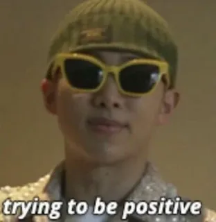 😎 trying to be positive positiv, optimistisch, Mütze, Sonnenbrille, Porträt, Meme telegram sticker