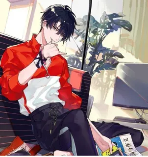 🤟 Anime, Pria, Merah, Putih, Rambut hitam, Duduk telegram sticker