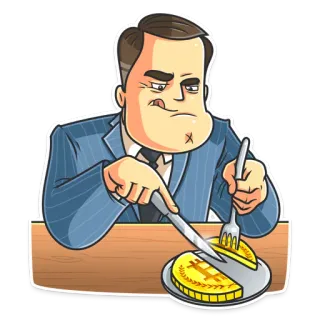 🍽 hombre, bitcoin, moneda, dibujos animados, moneda digital, comiendo, cuchillo, tenedor telegram sticker