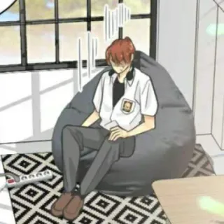 🎧 anime style, teenager, boy, beanbag, indoors, sitting telegram sticker