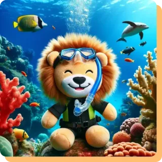 💓 lew, nurkowanie, ocean, morze, snorkeling, zwierzę, słodki, plusz, podwodny whatsapp sticker