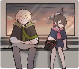 😴 Anime, Tren, Pareja, Lindo, Somnoliento, Sentado telegram sticker