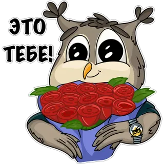 💋 ЭТО ТЕБЕ! owl, roses, flowers, gift, cartoon whatsapp sticker