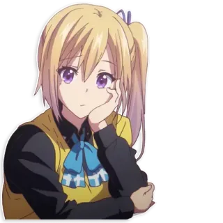 😐 garota anime, cabelo loiro, olhos roxos, pensativa, fofa, desenho animado, animação telegram sticker