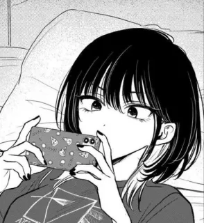 😎 Anime meisje, Manga, Tiener, Selfie maken, Pizza patroon, Zwart-wit, Telefoon telegram sticker