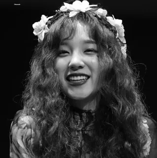 ✨ 인물 사진, 여자, 곱슬머리, 꽃 왕관, 미소, 흑백 telegram sticker