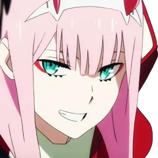 😁 Zero Two Darling in the Franxx Anime, Zero Two, Darling in the Franxx, pinke Haare, Hörner, Charakter, Grinsen telegram sticker