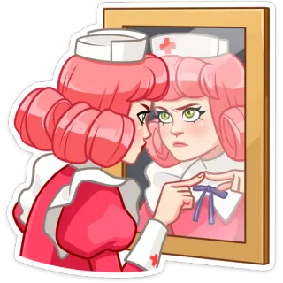 😡 enfermera, espejo, reflejo, médico, hospital, pelo rosa, uniforme whatsapp sticker