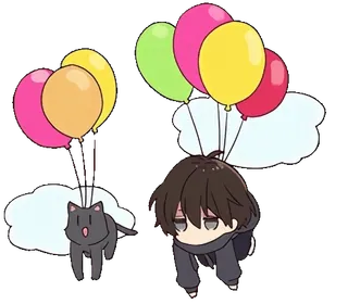 👋 ballons, animé, chibi, dessin animé, mignon, chat, nuages telegram sticker