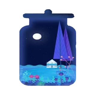 🔮 noche, luna, paisaje, casa, árboles, tarro, pegatina telegram sticker