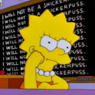 😒 Lisa Simpson The Simpsons I WILL NOT BE A SNICKERPUSS 리사 심슨, 심슨 가족, 만화, 훈육, 학교, 칠판, 낄낄 telegram sticker