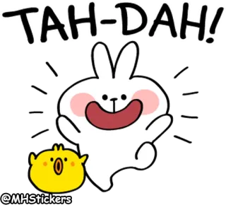🥳 TAH-DAH! conejo, conejito, pollito, celebración, lindo, dibujos animados, animado whatsapp sticker
