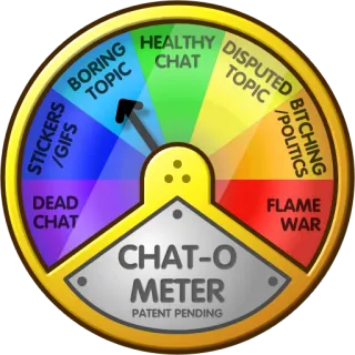 2️⃣ TOPIC CHAT
TOPIC
STICKERS BORING HEALTHY DISPUTED BITCHING
DEAD
CHAT
CHAT-O
METER
PATENT PENDING
FLAME
WAR chat, topic, meter, healthy chat, disputed topic, flame war, politics, bitching, stickers, gifs, boring topic, dead chat telegram sticker