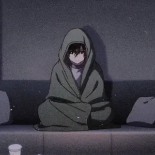 🖤 anime, blanket, hood, sitting, couch, indoors whatsapp sticker