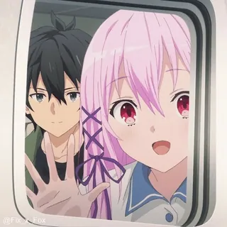 🤩 Anime, Cặp đôi, Tóc hồng, Cửa sổ, Phim hoạt hình, Nhân vật whatsapp sticker