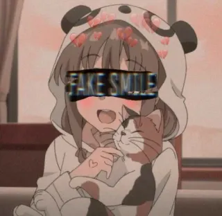 💔 FAKE SMILE Аниме, Кот, Грустный, Фальшивая улыбка, Мультфильм, Девушка, Эстетика telegram sticker