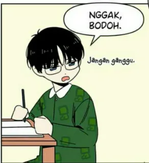 😒 NGGAK, BODOH.
Jangan ganggu. Anime, Junge, Brille, Tisch, Indonesisch, Beleidigung telegram sticker