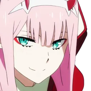 🙂 Zero Two Darling in the Franxx Anime, Zero Two, Darling in the Franxx, pinke Haare, rote Hörner, Charakter, Mädchen telegram sticker