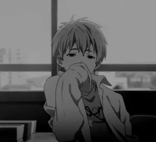 ❄️ anime, sad, boy, indoors, window, grayscale telegram sticker
