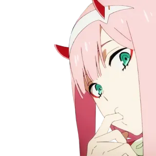 🤔 Zero Two Darling in the Franxx anime, pink hair, horns, green eyes telegram sticker
