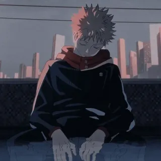🍷 Yuji Itadori Jujutsu Kaisen Anime, Charakter, Sitzend, Stadtbild, Tag, Junge, Augen geschlossen, Jujutsu Kaisen whatsapp sticker