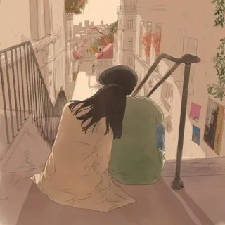 💕 escaleras, ciudad, ilustración, pareja, sentados, romance telegram sticker