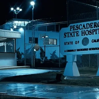 🏍 PESCADERO
STATE HOSPITAL
STATE OF
CALIF
A CRIMINALLY DISORDERED RETENTION 병원, 주립 병원, 페스카데로, 캘리포니아, 건물, 밤 telegram sticker