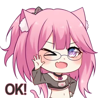 😉 OK! Anime, Meisje, Schattig, Kattenoren, Oké, Sticker telegram sticker