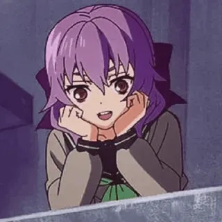 ♟ Shinoa Hiiragi Seraph of the End Anime, lila Haare, süß, lächelnd, Mädchen telegram sticker