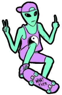 👽 WHAT EVER alien, skateboard, middle finger, peace sign, youth culture telegram sticker