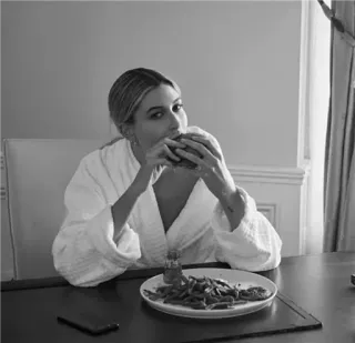 🌿 woman, eating, food, burger, portrait, indoors, table telegram sticker