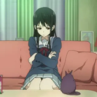 🍶 Anime, Mädchen, Sitzend, Traurig, Couch, Süß, Manga, Schuluniform whatsapp sticker