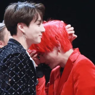 😭 kpop, bts, boy band, cabelo vermelho, terno preto, masculino, coreano, grupo telegram sticker
