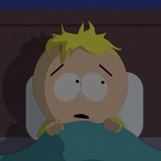 😧 Butters Stotch South Park Butters, South Park, phim hoạt hình, sợ hãi, giường, nhân vật, lo lắng telegram sticker