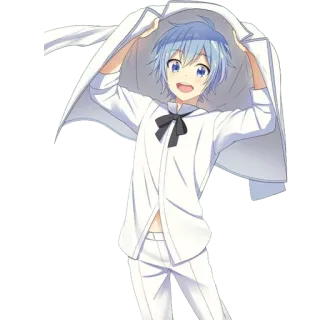 😃 Anime, Con trai, tóc xanh, quần áo trắng, nụ cười, hạnh phúc, dễ thương telegram sticker