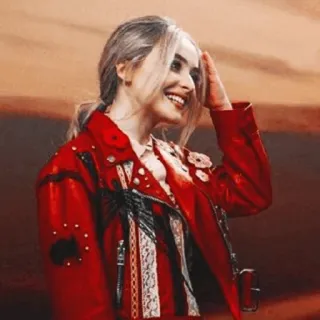🥀 giacca rossa, donna, sorriso, capelli biondi, saluto, papaveri telegram sticker