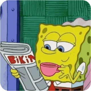 😴 Spongebob BiKiNi Spongebob Squarepants, newspaper, drinking, cartoon, nickelodeon, sea sponge, coffee, Bikini Bottom whatsapp sticker