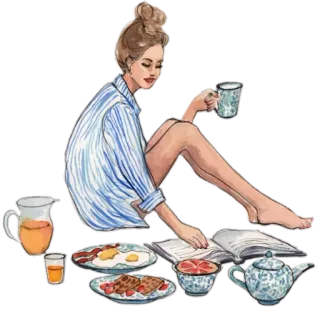 😆 mulher, café da manhã, lendo, comida, livro, manhã, café, chá whatsapp sticker