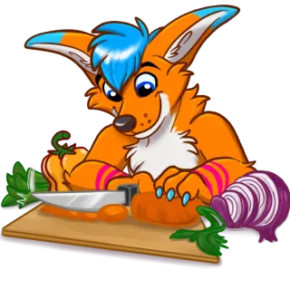 🔪 renard, cuisine, légumes, couteau, dessin animé, anthropomorphe, cuisine whatsapp sticker