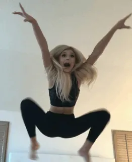 🌝 woman, jumping, excited, blonde hair, fitness, indoors telegram sticker