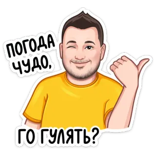 👍 ПОГОДА ЧУДО,
ГО ГУЛЯТЬ? meteo, passeggiata, cartone animato, persona, russo telegram sticker