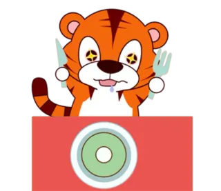 🐯 tiger, eating, hungry, food, cartoon, table, plate telegram sticker