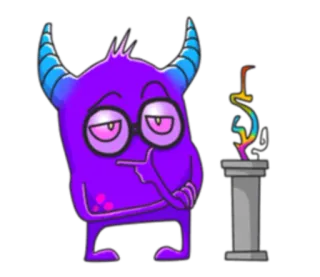🤓 Monster, Cartoon, Lila, Hörner, Brille, Denken, Statue whatsapp sticker