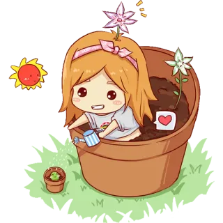 🌺 planta, flor, menina, fofo, jardinagem, sol, desenho animado, vaso whatsapp sticker