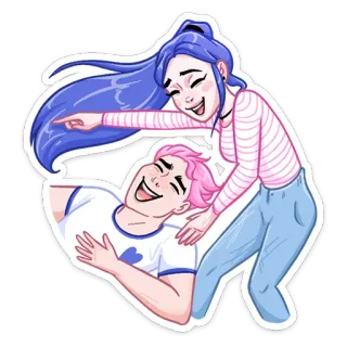 😂 смех, пара, розовые волосы, голубые волосы, указывает, мультфильм whatsapp sticker