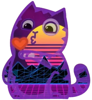😘 고양이, 하트, 키스, 보라색, 신스웨이브, 레트로, 80년대 telegram sticker