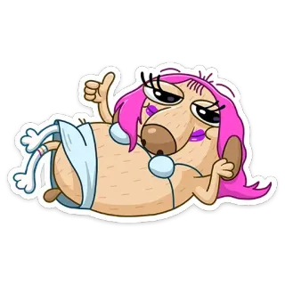 👍 kartun, anjing, rambut merah muda, bikini, berbaring, jempol ke atas whatsapp sticker